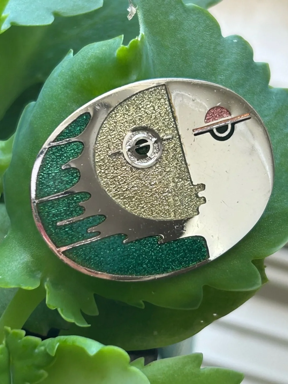 Vintage artisan De Passille & Sylvestre enameled face silver tone brooch pin